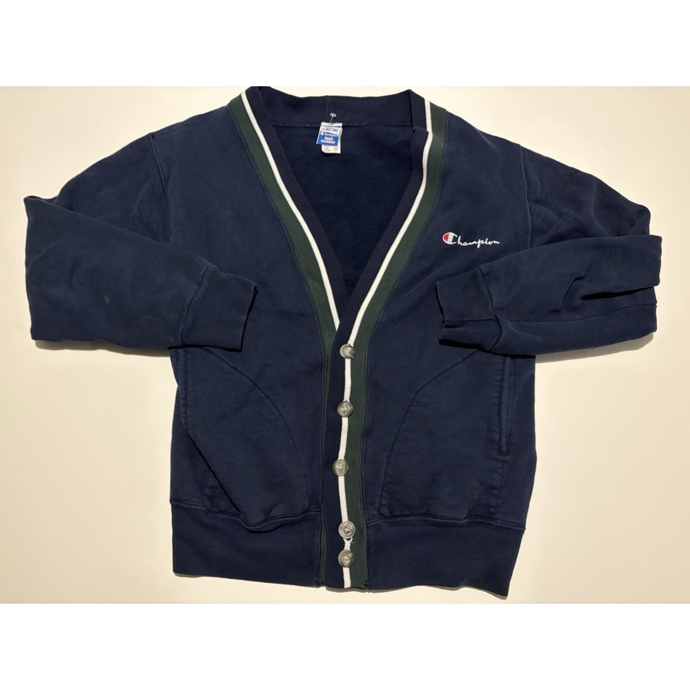 Vintage Champion Cardigan Mens L Navy Varsity Embroidered Logo Made In USA 80s